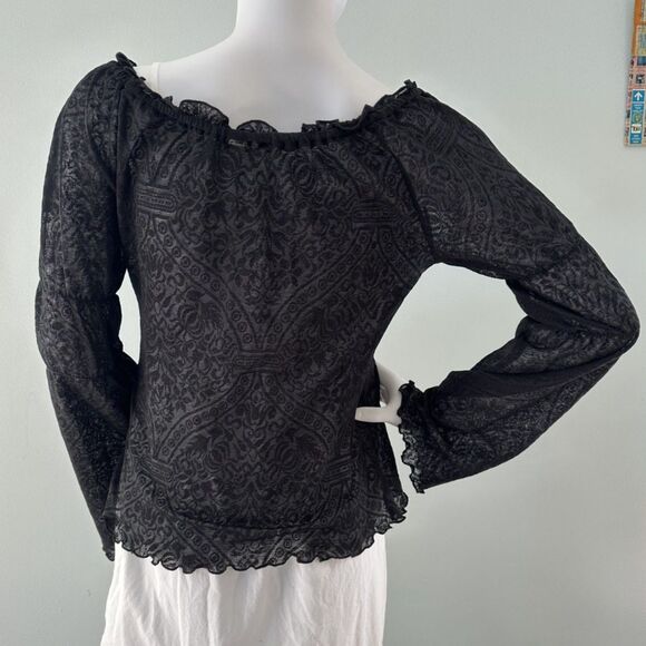 Black Lace Bell Sleeve Off-Shoulder Top Ruffled Neckline Goth Boho Blouse Size M - Picture 2 of 5